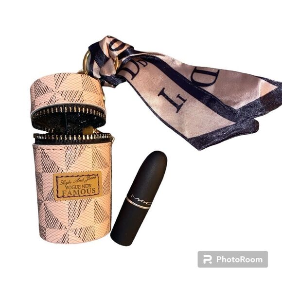 LUXE VIBES LIPSTICK CASE KEYCHAIN BAG CHARM PU LEATHER PINK & BLACK w TWILLY - Picture 5 of 7